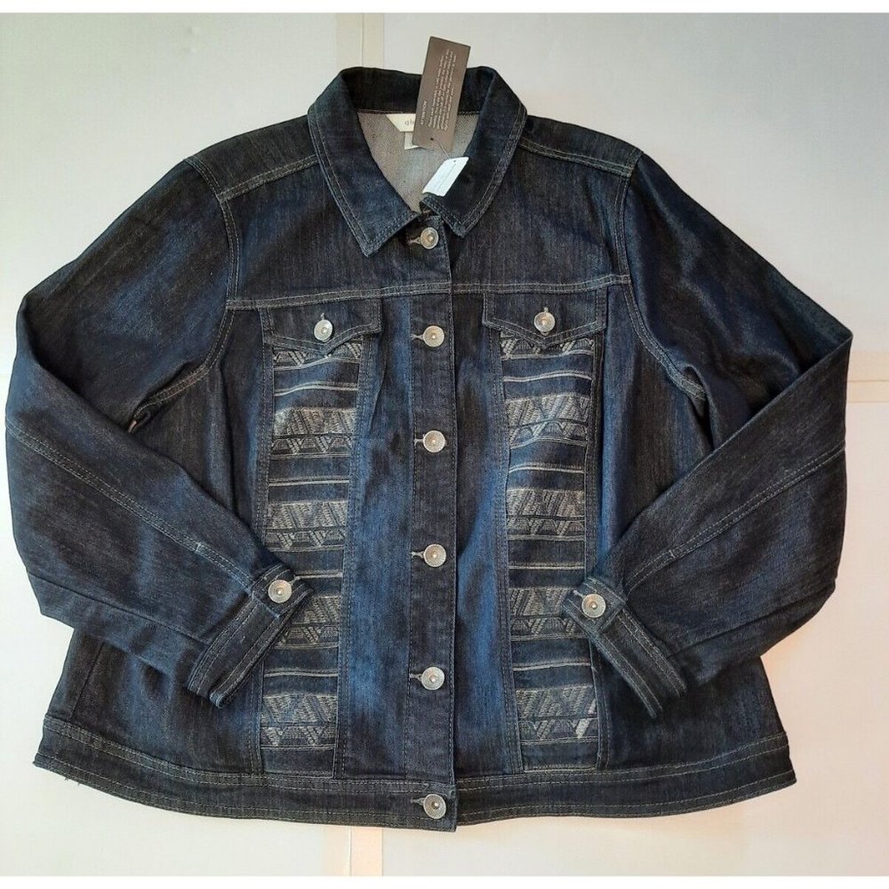 CJ Banks womens blue button front panel tapestry cropped jacket plus size 1X